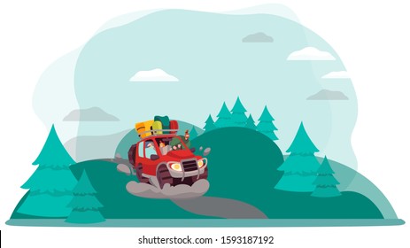 Road trip adventures in nature, vector illustration. Car with baggage driving through forested hills, cartoon style. Extreme journey, fun vacation adventure, family driving car in nature