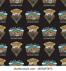 Road trip badges pattern. Camping Adventure seamless background with mountain, tent and RV trailer. Stock vector texture
