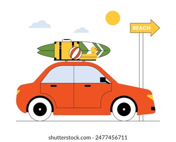 Road trip to the beach with car and holiday gear, vector illustration.