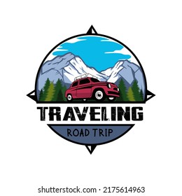 Road trip with beautiful landscape vector. Travel road car view. mountains horizon. vector car illustration in flat design