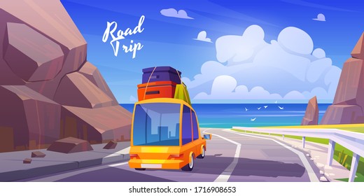 Road trip by car at summer vacation, holidays travel on automobile with bags on roof going at highway in mountains with seaview. Family leisure on ocean, nature journey, cartoon vector illustration