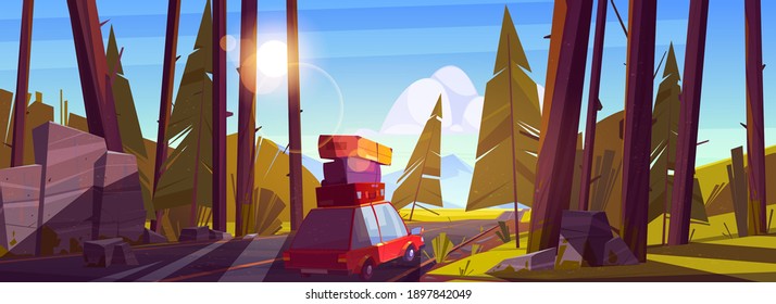 Road trip by car at summer vacation, holidays travel on automobile with bags on roof going at highway in forest with trees day time. Family camping leisure, nature journey, cartoon vector illustration