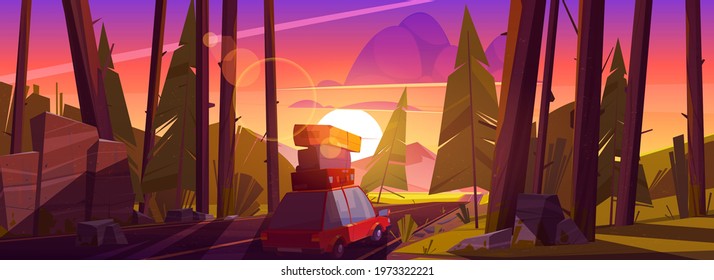 Road trip by car at summer vacation, holidays travel on automobile with bags on roof going at highway in forest with trees at dusk. Family camping leisure, nature journey, cartoon vector illustration