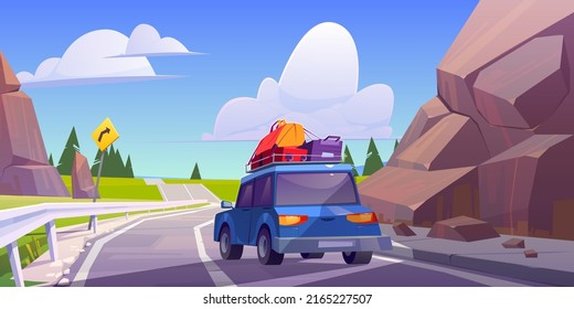 Road trip by car at summer holidays, vacation journey, leisure, travel on automobile with bags on roof. Automobile going along highway in mountains at sunny day rear view, Cartoon vector illustration