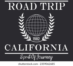 Road Trip California vintage college print for t-shirt design. Typography graphics for university or college style tee shirt. Sport apparel print - California. Vector illustration.
