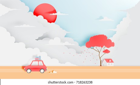 Road trip with car in autumn season and natural pastel color scheme background paper cut style vector illustration