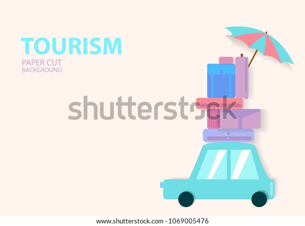 Road trip.\
Car with a lot of baggage in paper cut style in pastel colour.\
Travel. Vector illustration\
design.