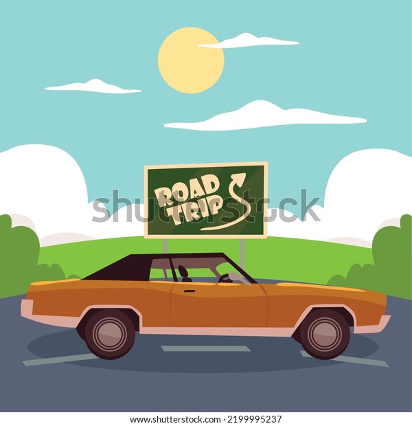 road trip car and banner\
in landscape