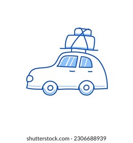 Road trip car doodle. Hand drawn sketch doodle style trip car with luggage. Blue pen line stroke isolated element. Travel, trip concept. Vector illustration.