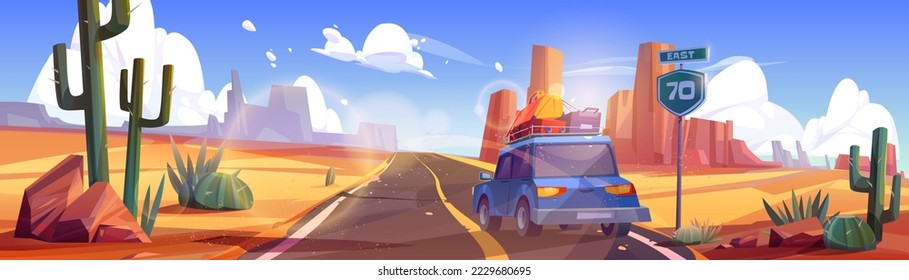 Road trip, car driving desert highway at wild west landscape. Automobile with luggage on roof travel adventure, vacation journey on canyon roadway with rocks and cacti, Cartoon vector illustration