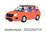 Road trip in car. Happy people tourists enjoying auto ride, travel, vacation adventure together. Family driving automobile, holiday journey. Flat vector illustration isolated on white background
