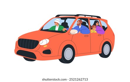 Road trip in car. Happy people tourists enjoying auto ride, travel, vacation adventure together. Family driving automobile, holiday journey. Flat vector illustration isolated on white background