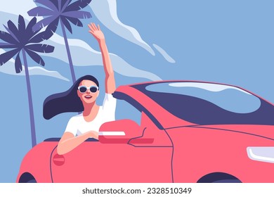 Road trip car holiday. Woman with arm up having fun. Driving convertible car on summer travel or vacation on palm and clouds background. Vector illustration for mobile and web graphics.