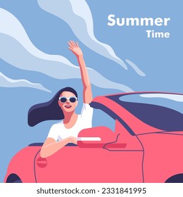 Road trip car holiday. Woman with arm up having fun. Driving convertible car on summer travel or on vacation. Vector illustration for mobile and web graphics.