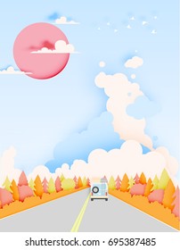 Road trip with car and natural autumn pastel color scheme background paper cut style vector illustration