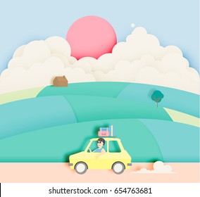 Road trip with car and natural pastel color scheme background paper cut style vector illustration