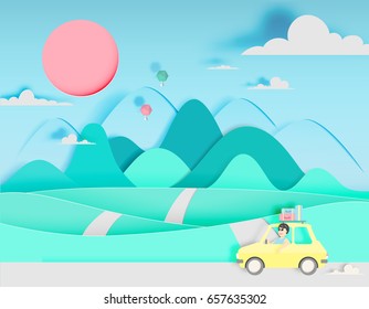 Road trip with car and natural pastel color scheme background paper cut style vector illustration