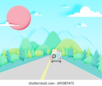 Road trip with car and natural pastel color scheme background paper cut style vector illustration