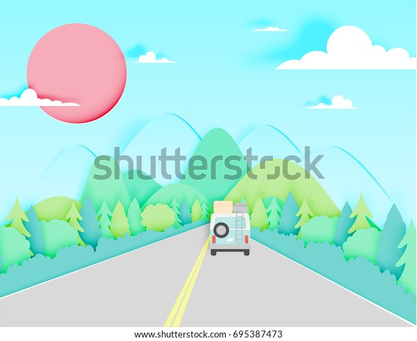 Road trip with car and natural\
pastel color scheme background paper cut style vector\
illustration