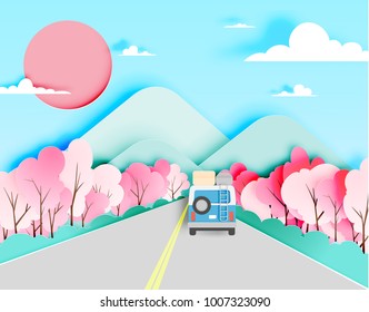 Дорожная поездка с автомобилем в весенний сезон и естественная пастельная цветовая схема фона вырезать стиль вектор иллюстрации