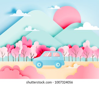 Road trip with car in spring season and natural pastel color scheme background paper cut style vector illustration