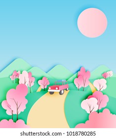 Road trip with car in spring season and natural pastel color scheme background paper cut style vector illustration