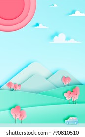 Road Trip With Car In Spring Season And Natural Pastel Color Scheme Background Paper Cut Style Vector Illustration