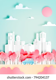 Road trip with car in spring season and natural pastel color scheme background paper cut style vector illustration