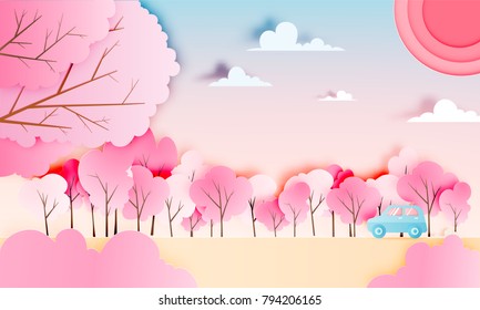 Road trip with car in spring season and natural pastel color scheme background paper cut style vector illustration