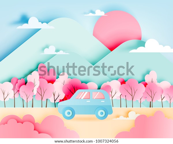 Road trip\
with car in spring season and natural pastel color scheme\
background paper cut style vector\
illustration