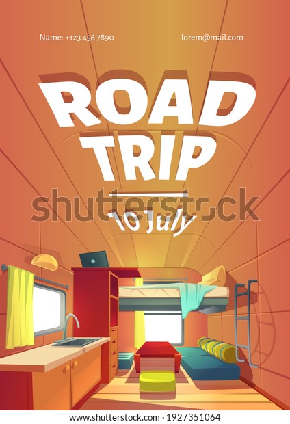 Road trip cartoon ad poster with camping\
trailer car interior, Rv motor home room with loft bed, couch,\
kitchen sink and window. advertising banner for motorhome traveling\
voyage, vector\
illustration