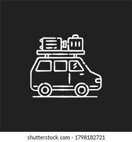 Road trip chalk white icon on black background. Budget tourism, family vacation. Holiday season recreational activity, traveling by car. Auto with luggage isolated vector chalkboard illustration