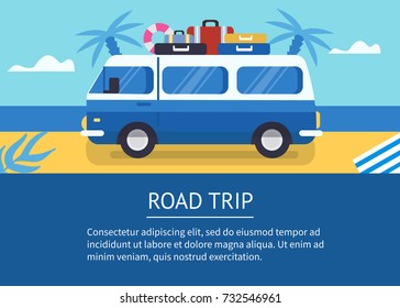 Road trip concept banner.  Flat style vector illustration with text place