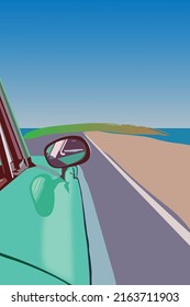 Road trip concept by car on the road with blue sky and ocean