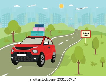 Road Trip Concept with Car Carrying Luggage Moving in Scenic Area Full of Greenery - Holiday and Journey Concept 