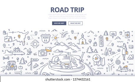 Road trip concept. Couple driving along the road toward the mountains. Free people travel by car. Doodle illustration for web banners, hero images, printed materials