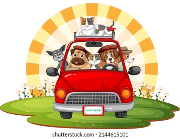 Road trip concept with domestic animals in a car illustration
