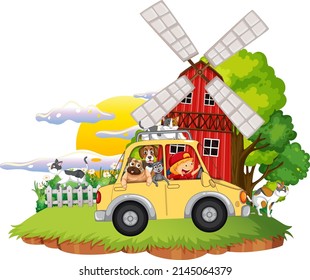 Road trip concept with domestic animals in a car illustration
