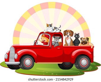 Road trip concept with domestic animals in a car illustration
