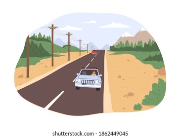 Konzept der Straßenfahrt. Freizügigkeit. Reisen mit dem Auto an einem sonnigen Tag. Autobahn mit zwei Autos gegen die Naturlandschaft, Wälder und Berge. Farbige flache Vektorgrafik