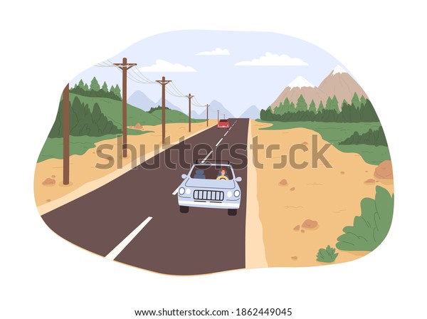 Road trip
concept. Freedom of movement. Traveling by car on a sunny day.
Highway with two cars against the nature landscape, forests and
mountains. Colorful flat vector
illustration