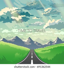 Road trip concept in modern flat style. Web banner on the theme of adventures in nature, vacation. Vector illustration with mountains, Himalayas, grass and beautiful sky 