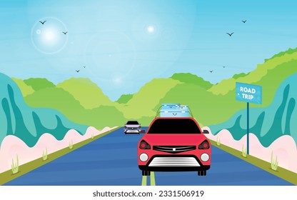 Road Trip Concept with Moving Car Carrying Luggage on Roof in the Green Scenic Area with Bright Sky - Graphic Illustration