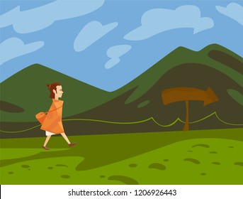 Road trip concept .Young girl traveler. Adventure travel. Summer vacation. Around the world. Cartoon style. Vector illustration. 