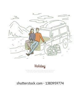 Road trip, couple in love on holiday, honeymoon vacation, backpackers, boyfriend and girlfriend sitting on hood banner