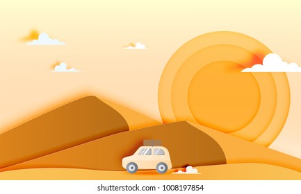 Road trip in the desert with paper art style vector illustration