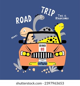 Road trip dino club with car hand drawn vector