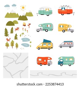 Road trip elements, doodle camper vans, vanlife, adventure, seamless road maps, mountains and forest.