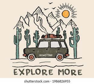 Road trip explore at the desert print design.