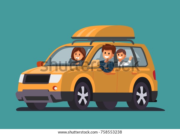 Road Trip with family. Father, mother, son. Vector\
flat style